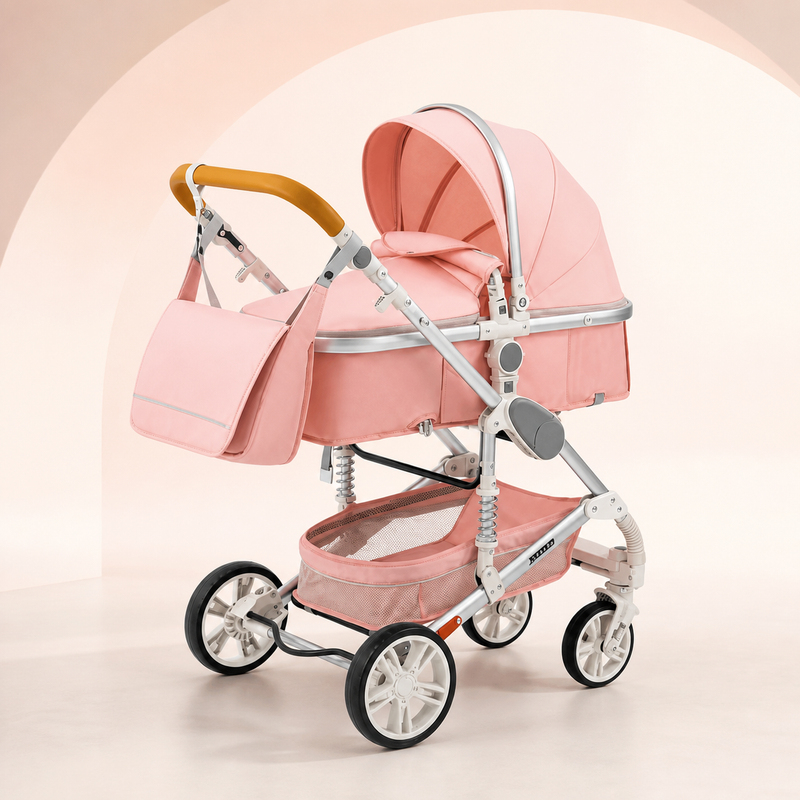 LISBOA Alu Rose Poudré — Poussette 3-en-1 Châssis Aluminium, Assise Haute