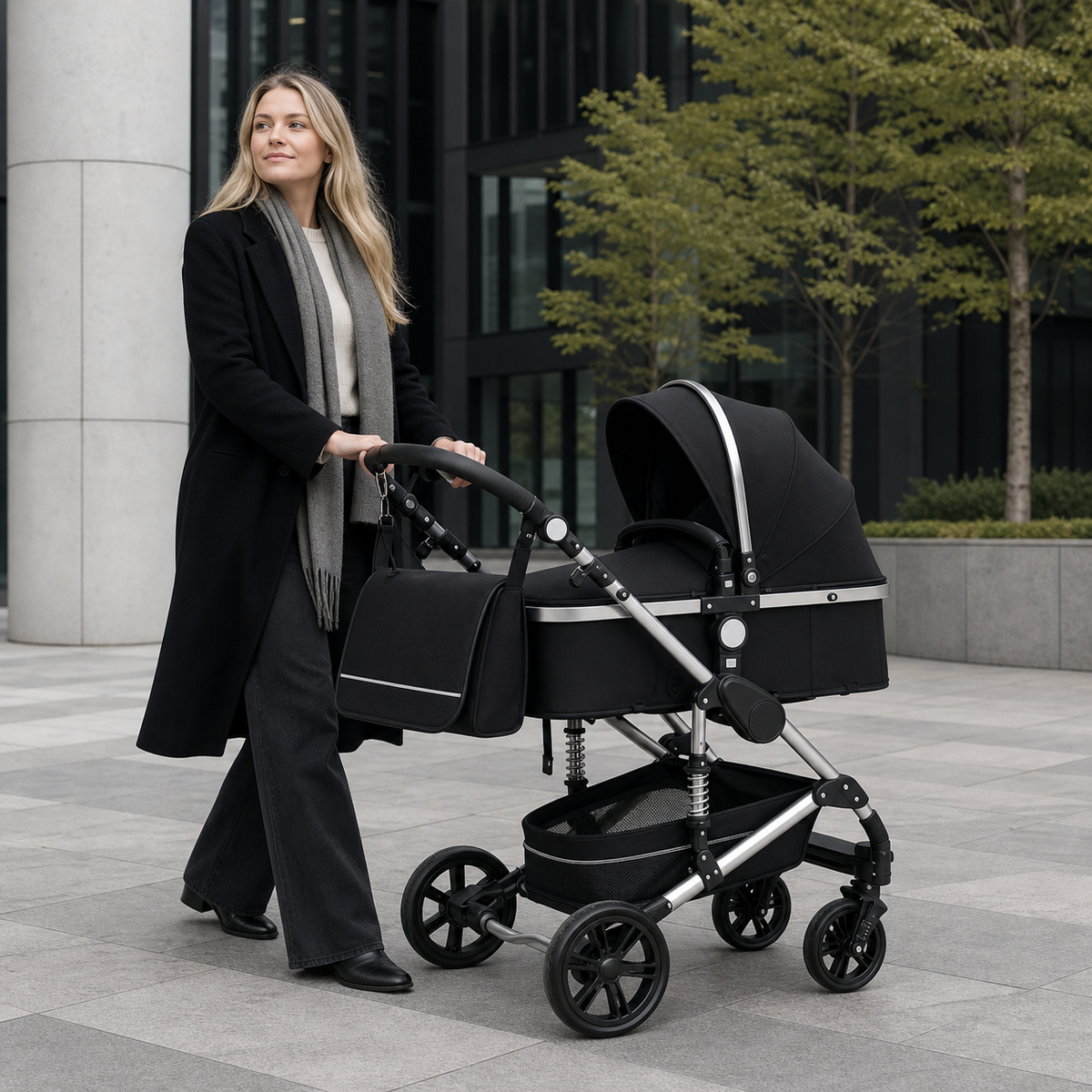 LISBOA Alu Noir — Poussette 3-en-1 Châssis Aluminium, Assise Haute