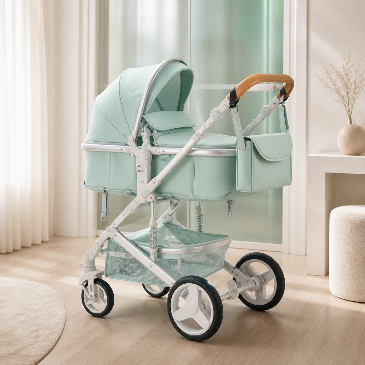 LISBOA Alu Vert Amande — Poussette 3-en-1 Châssis Aluminium, Assise Haute