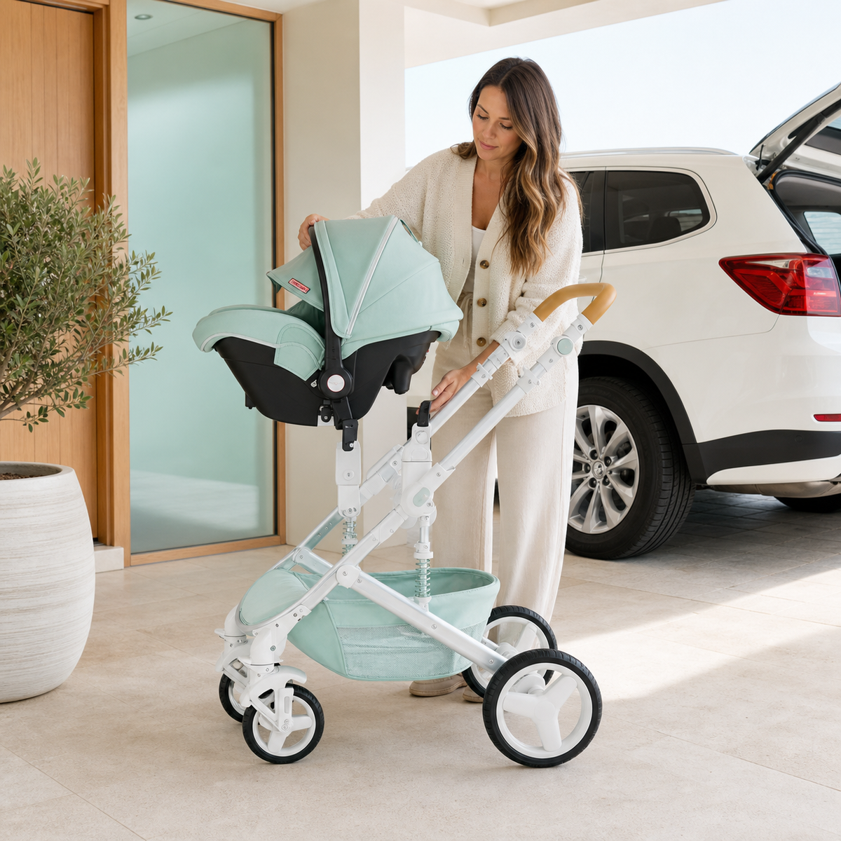 LISBOA Alu Vert Amande — Poussette 3-en-1 Châssis Aluminium, Assise Haute