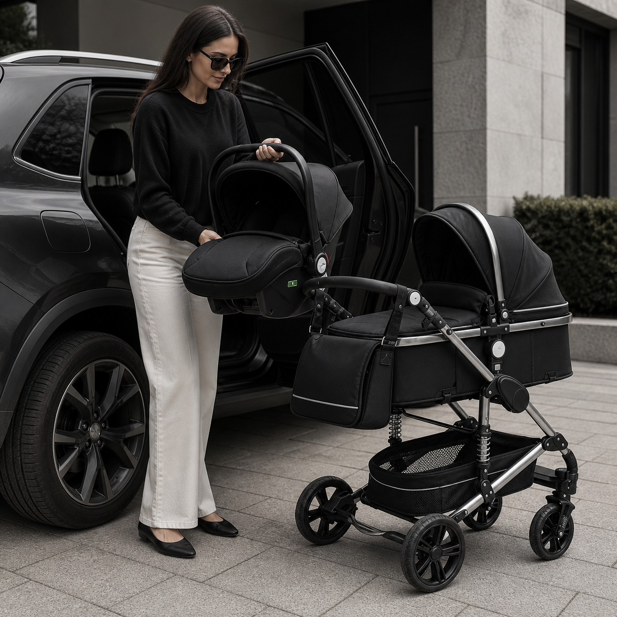 LISBOA Alu Noir — Poussette 3-en-1 Châssis Aluminium, Assise Haute