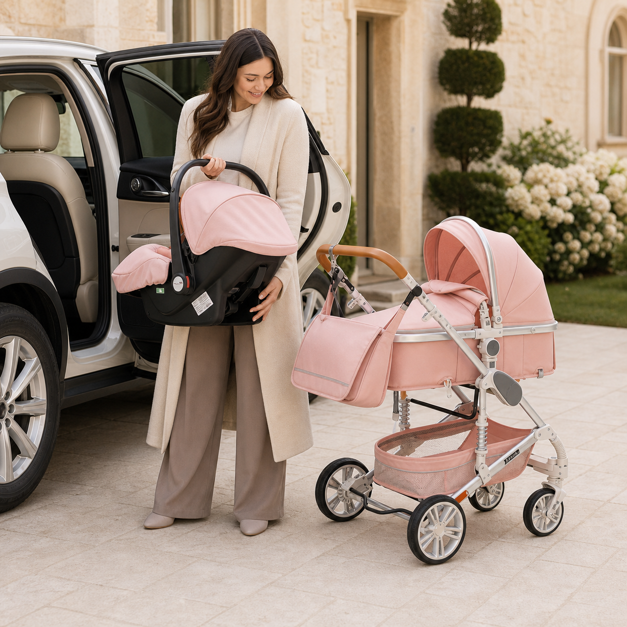 LISBOA Alu Rose Poudré — Poussette 3-en-1 Châssis Aluminium, Assise Haute