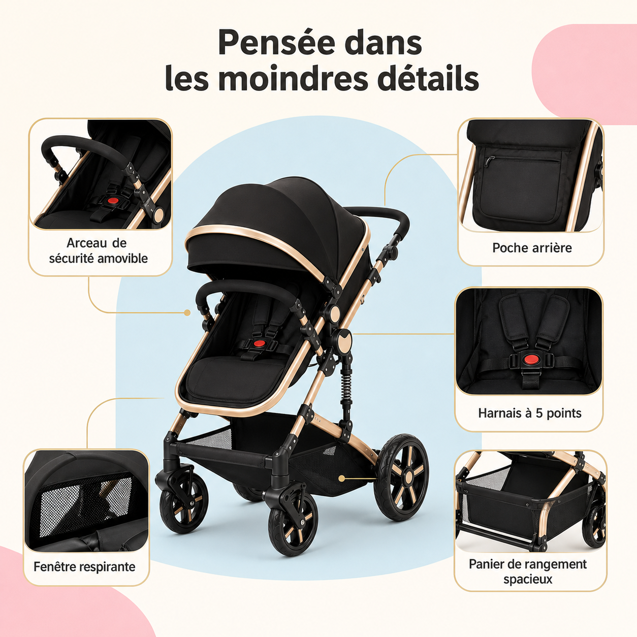 MILANO Trio Noir & Or — Poussette 3-en-1 Complète (Landau + Siège Auto + Poussette)