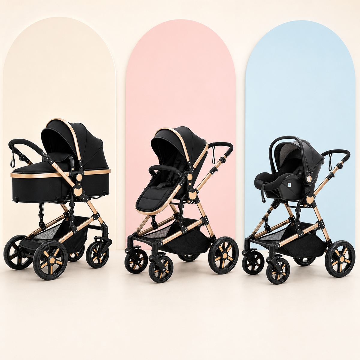 MILANO Trio Noir & Or — Poussette 3-en-1 Complète (Landau + Siège Auto + Poussette)
